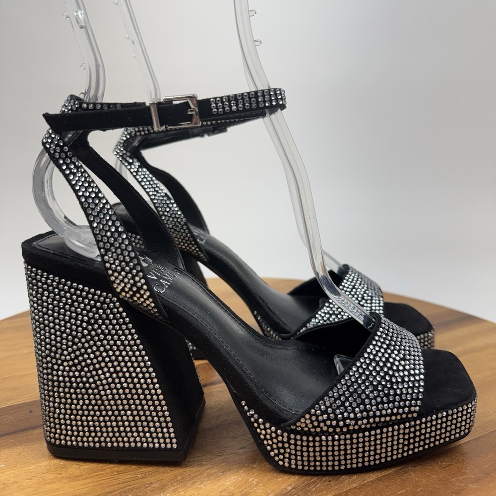 New NWOB Womens Vince Camuto Pilannaa Black Silver Rhinestone Block Heels Size 6